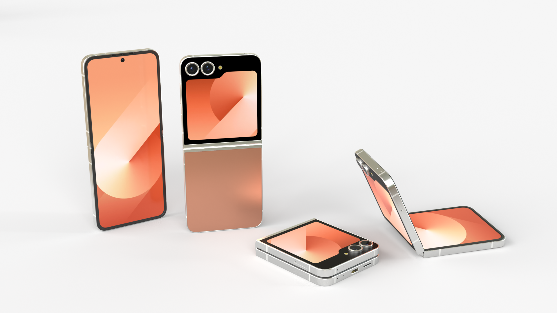 Samsung Galaxy Z Flip6 5G phone shown in multiple positions including folded and unfolded with rose gold color