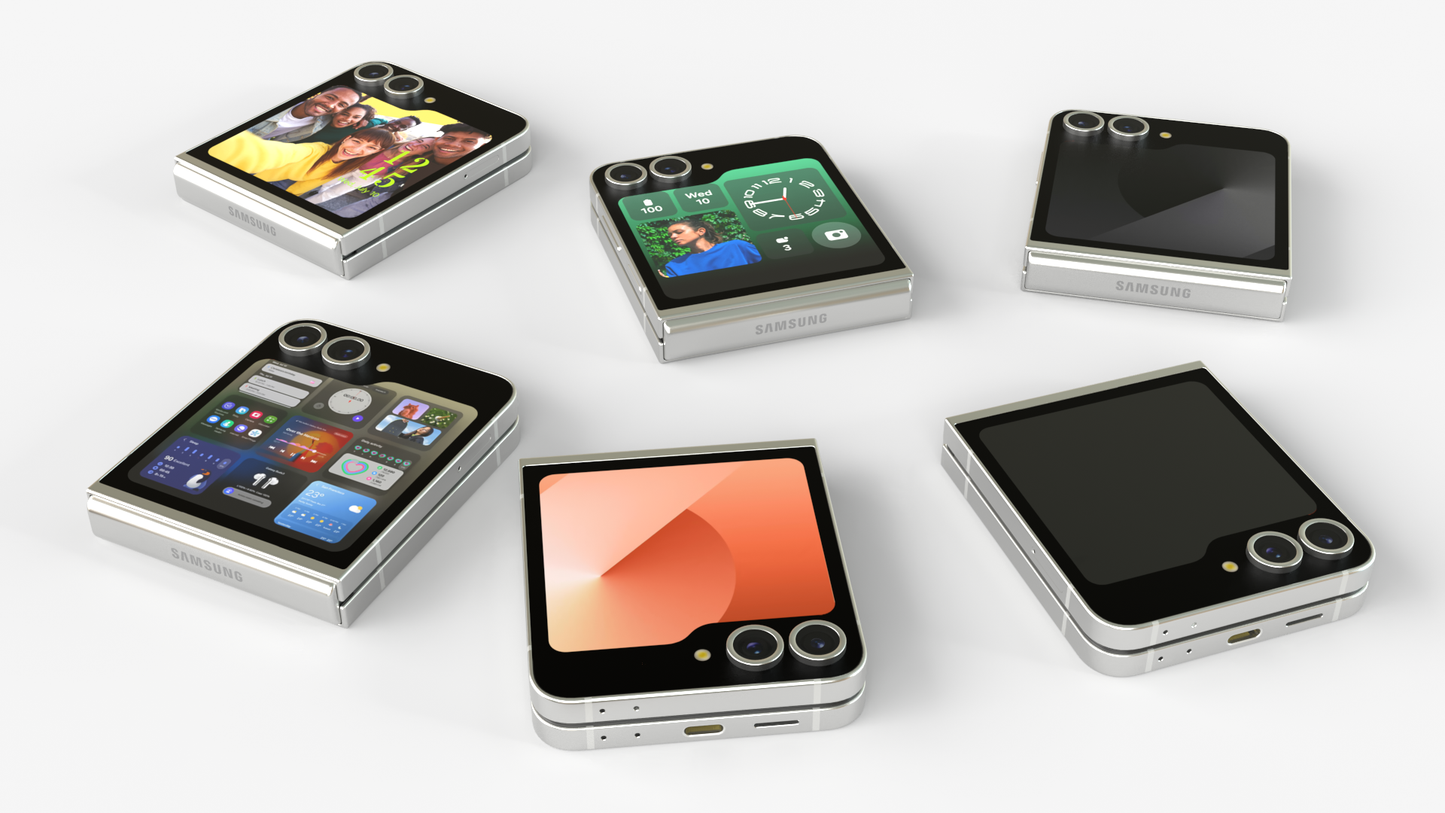 Multiple Samsung Galaxy Z Flip6 5G phones shown folded with various screen displays and silver edges