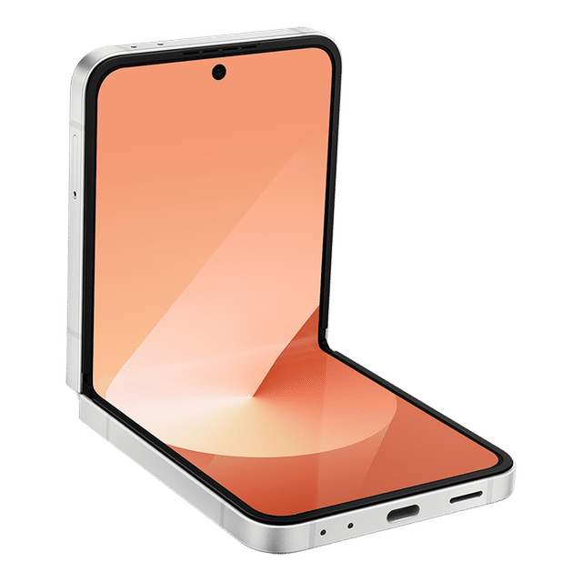 Samsung Galaxy Z Flip6 5G phone partially folded showing front display with punch-hole camera