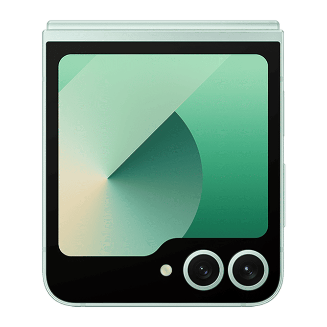 Samsung Galaxy Z Flip6 5G phone in folded position showing cover screen and dual camera setup