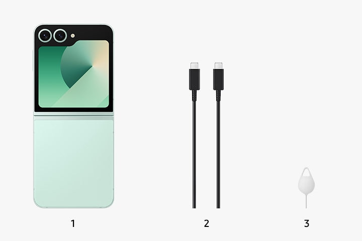 Samsung Galaxy Z Flip6 5G phone in green with charging cable and SIM ejector tool