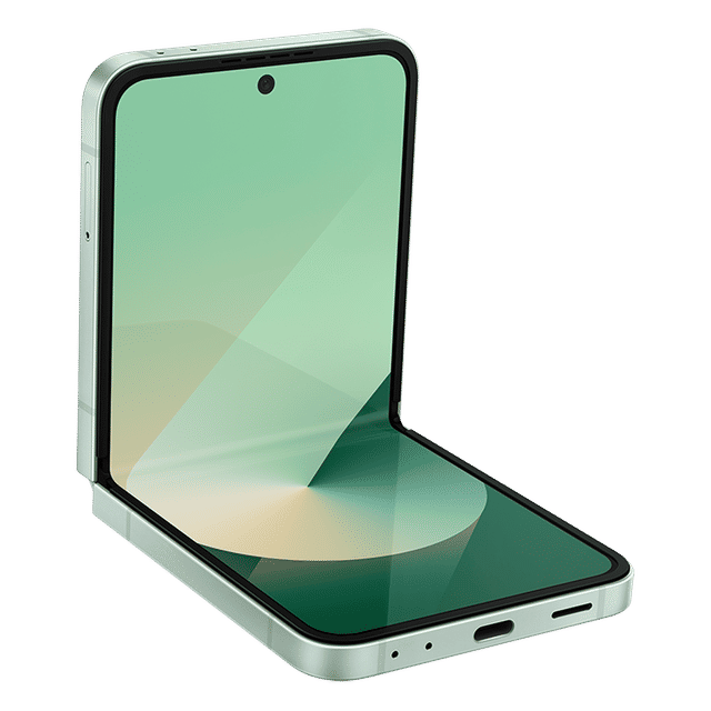 Samsung Galaxy Z Flip6 5G phone partially folded with touchscreen display and front camera