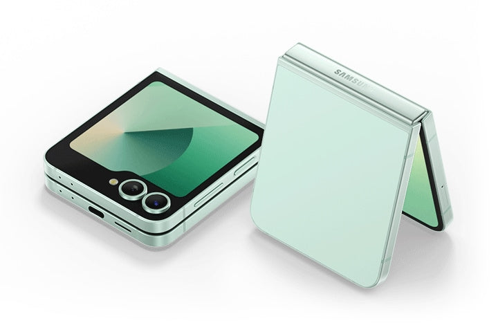 Samsung Galaxy Z Flip6 5G phone in mint green shown folded and unfolded with dual rear cameras