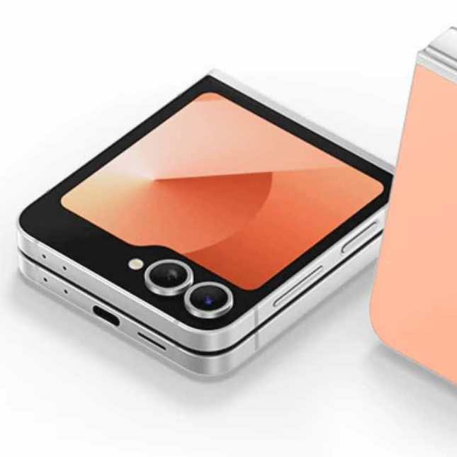 Samsung Galaxy Z Flip6 5G compact foldable phone in peach with dual rear cameras and external display