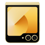 Samsung Galaxy Z Flip6 5G yellow foldable phone showing the external screen and dual camera lenses