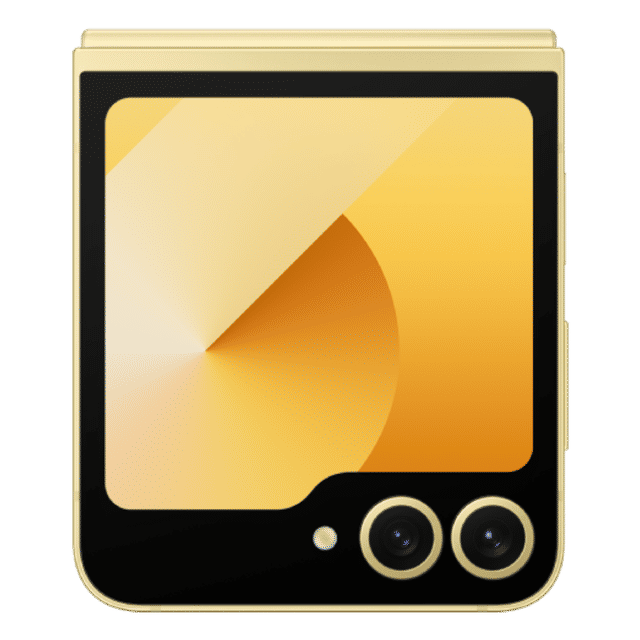 Samsung Galaxy Z Flip6 5G yellow foldable phone showing the external screen and dual camera lenses