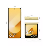 Samsung Galaxy Z Flip6 5G yellow foldable phone showing front and fold dimensions