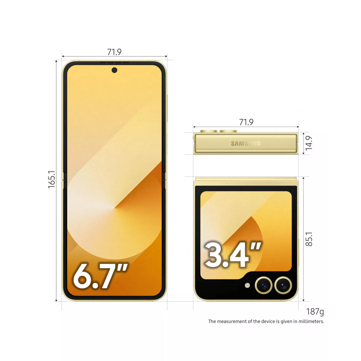 Samsung Galaxy Z Flip6 5G yellow foldable phone showing front and fold dimensions