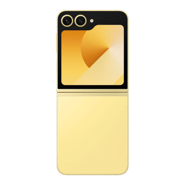 Samsung Galaxy Z Flip6 5G yellow smartphone folded showing dual rear cameras and small external display