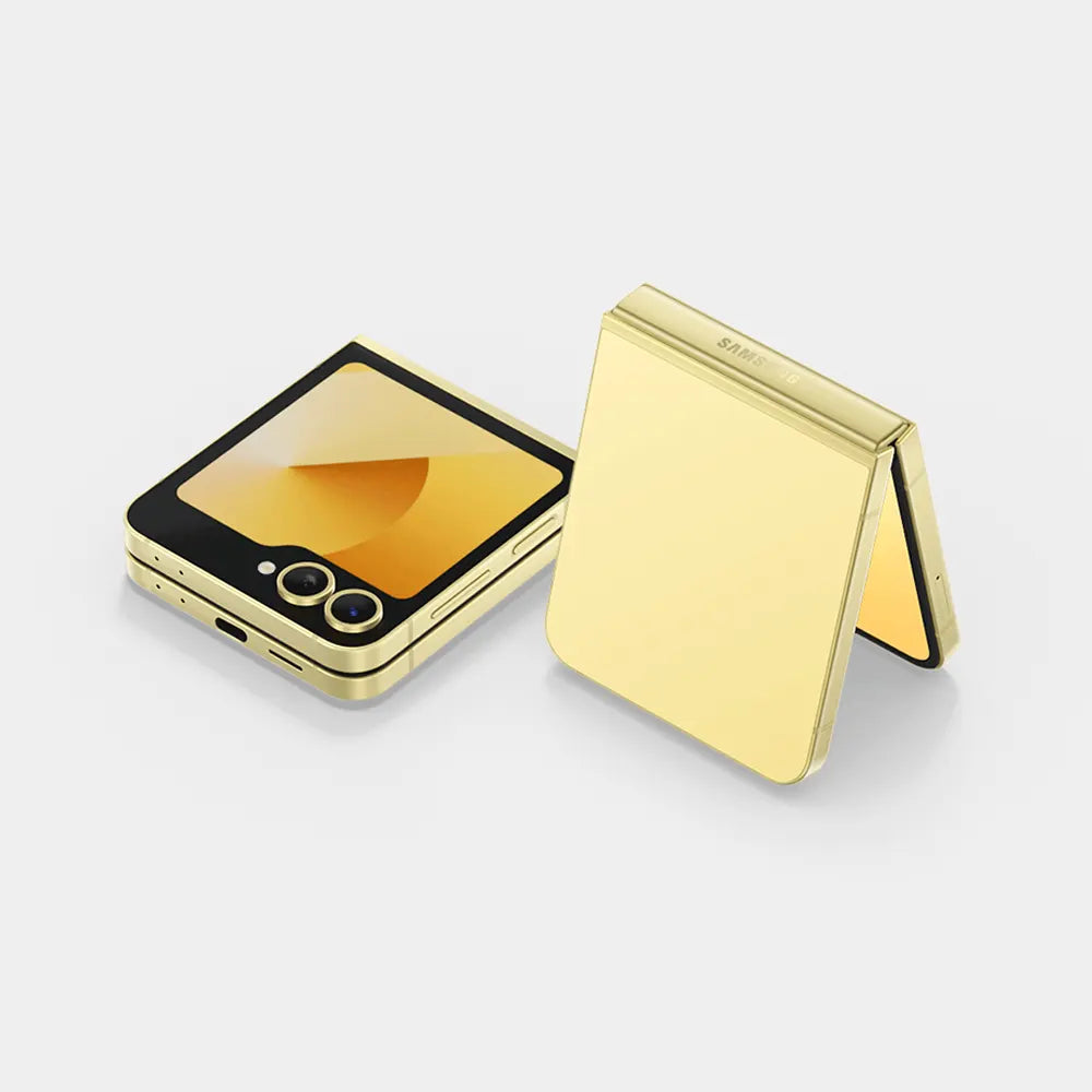 Samsung Galaxy Z Flip6 5G yellow foldable phone showing front and back views