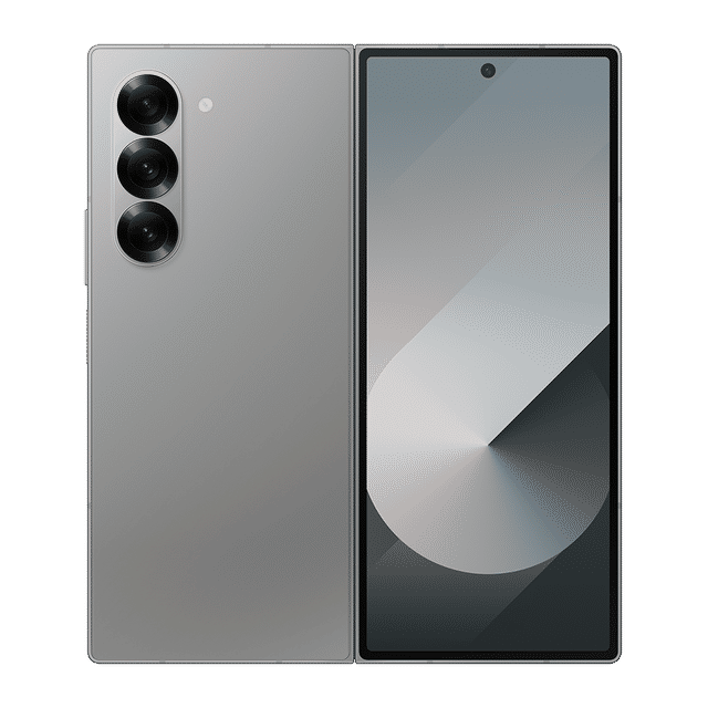 Samsung Galaxy Z Fold6 5G smartphone showing front display and triple rear camera in silver