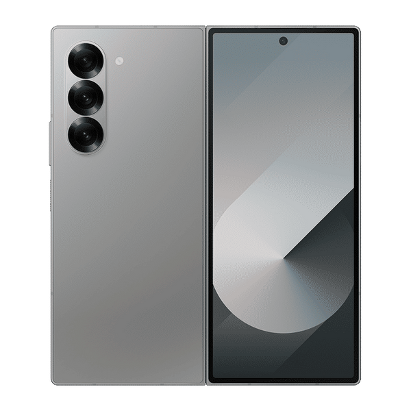 Samsung Galaxy Z Fold6 5G smartphone showing front display and triple rear camera in silver