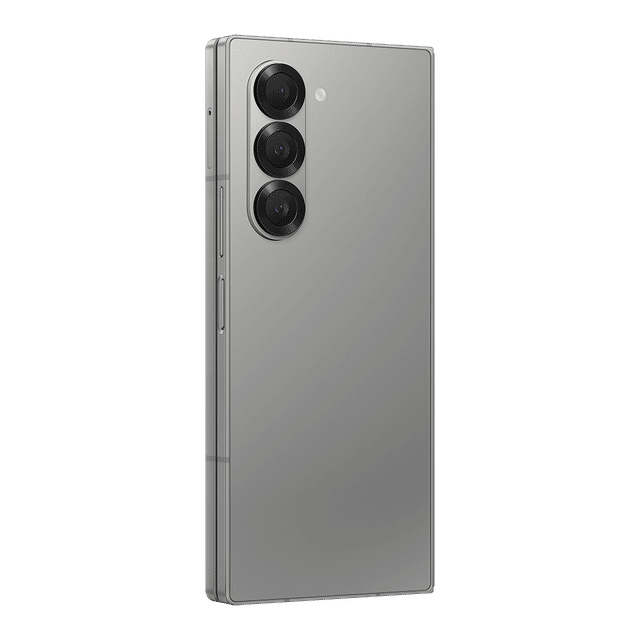 Samsung Galaxy Z Fold6 5G phone in silver showing triple rear camera lenses and side buttons