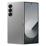 Samsung Galaxy Z Fold6 5G phone in silver showing front screen and triple rear camera setup