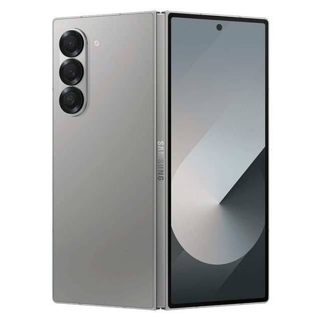 Samsung Galaxy Z Fold6 5G phone in silver showing front screen and triple rear camera setup