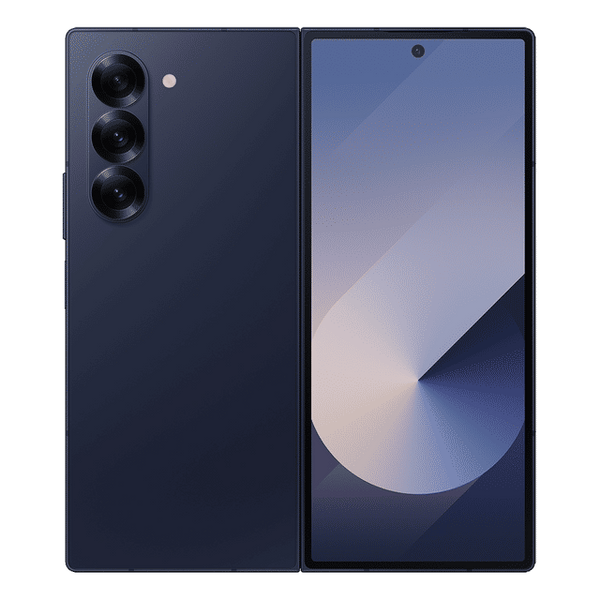 Samsung Galaxy Z Fold6 5G unfolded phone showing front display and triple rear cameras in black