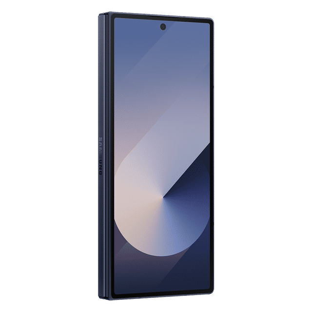 Samsung Galaxy Z Fold6 5G phone in dark blue showing large unfolded screen with centered front camera