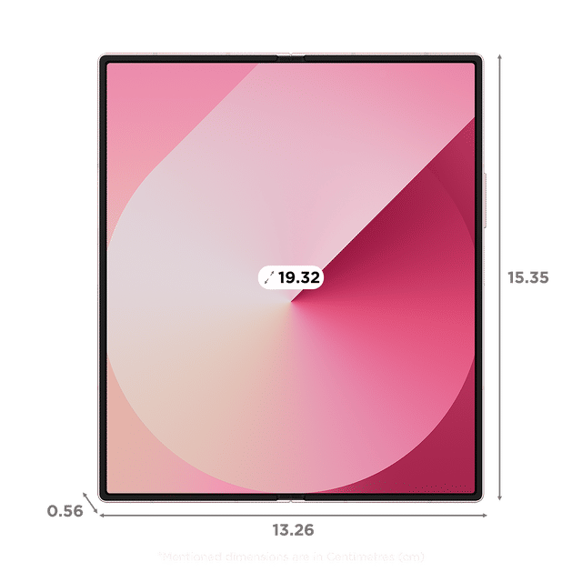 Samsung Galaxy Z Fold6 5G unfolded showing large pink gradient inner display with dimensions