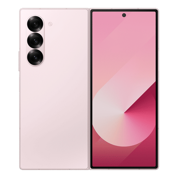 Samsung Galaxy Z Fold6 5G phone in pink showing front screen and triple camera on back
