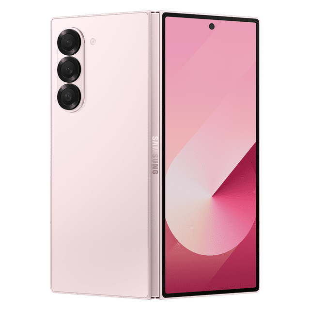 Samsung Galaxy Z Fold6 5G phone in pink with foldable design and triple rear cameras