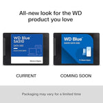 Western Digital WD Blue SA510 500GB SSD showing current and upcoming packaging for laptop accessories