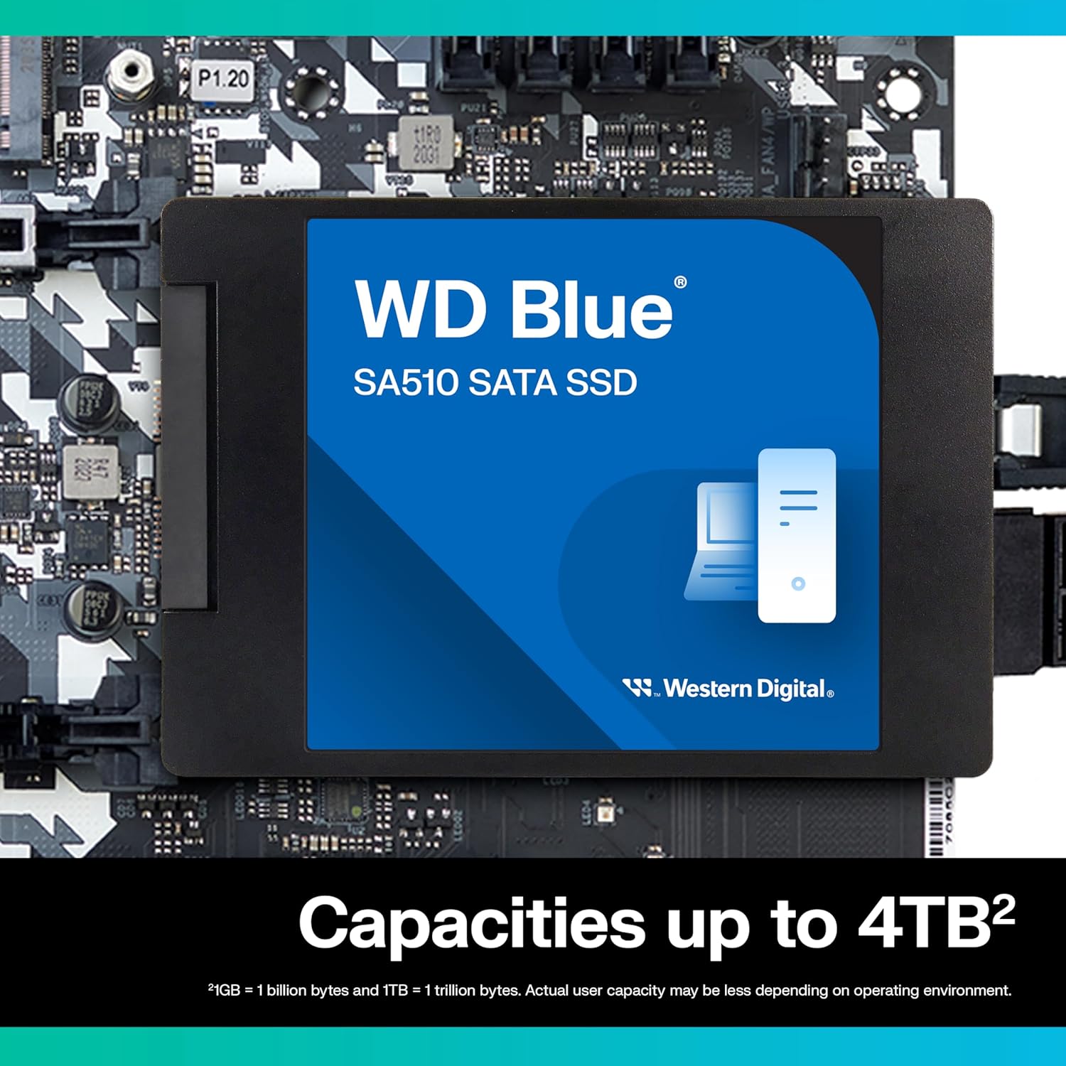 WD Blue SA510 500GB SSD Western Digital laptop accessory installed on motherboard with 4TB capacity label