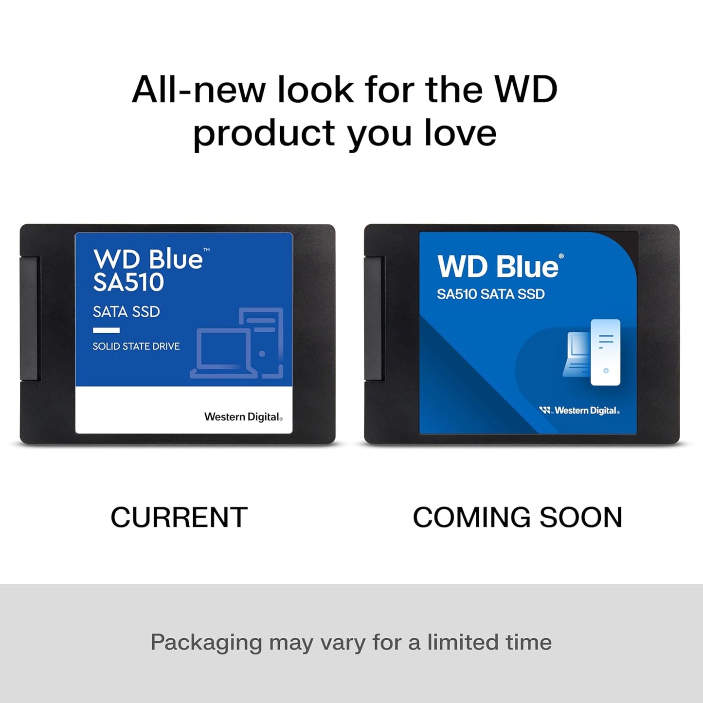 WD Blue SA510 250GB SSD solid state drive showing current and upcoming packaging designs