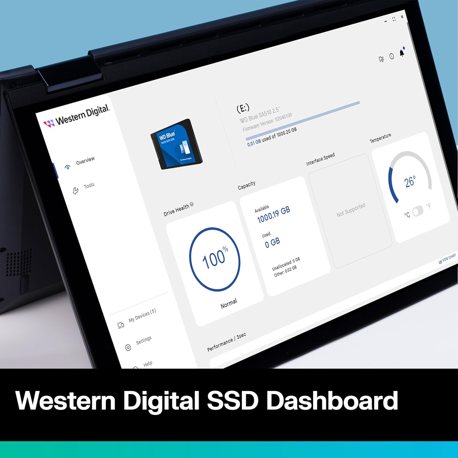 Western Digital SSD Dashboard displaying WD Blue SA510 250GB SSD health and performance on a laptop screen