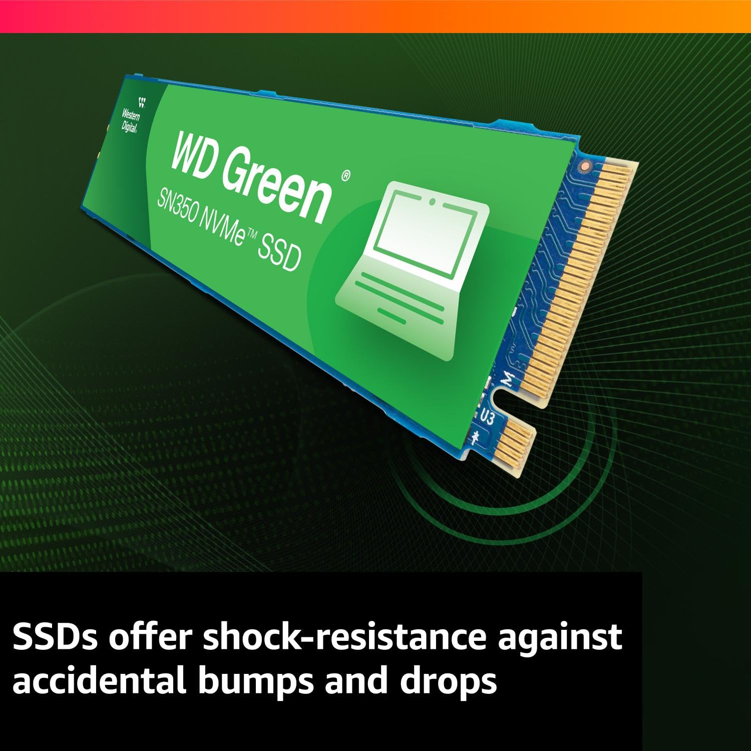 WD Green SN350 NVMe 480GB SSD laptop accessory with shock-resistant design for data protection
