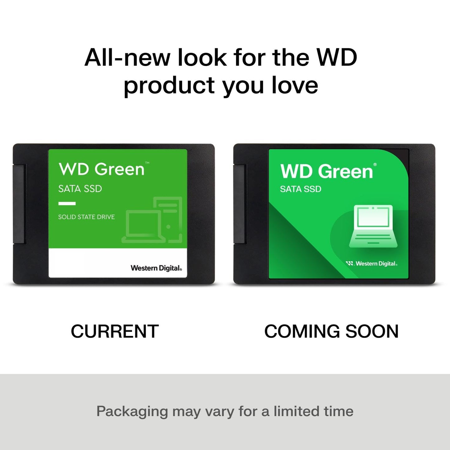 Current and upcoming packaging designs for Western Digital WD Green SSD laptop accessories