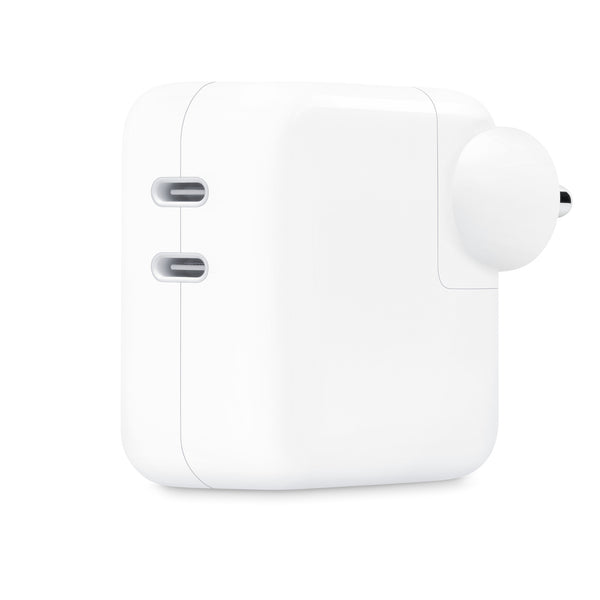 Apple 35W USB-C power adapter in white with dual USB-C ports and compact design
