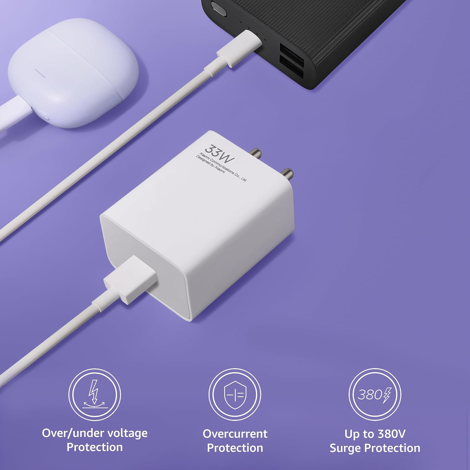 Redmi Mi 33W fast charger white power adapter with over voltage and surge protection features