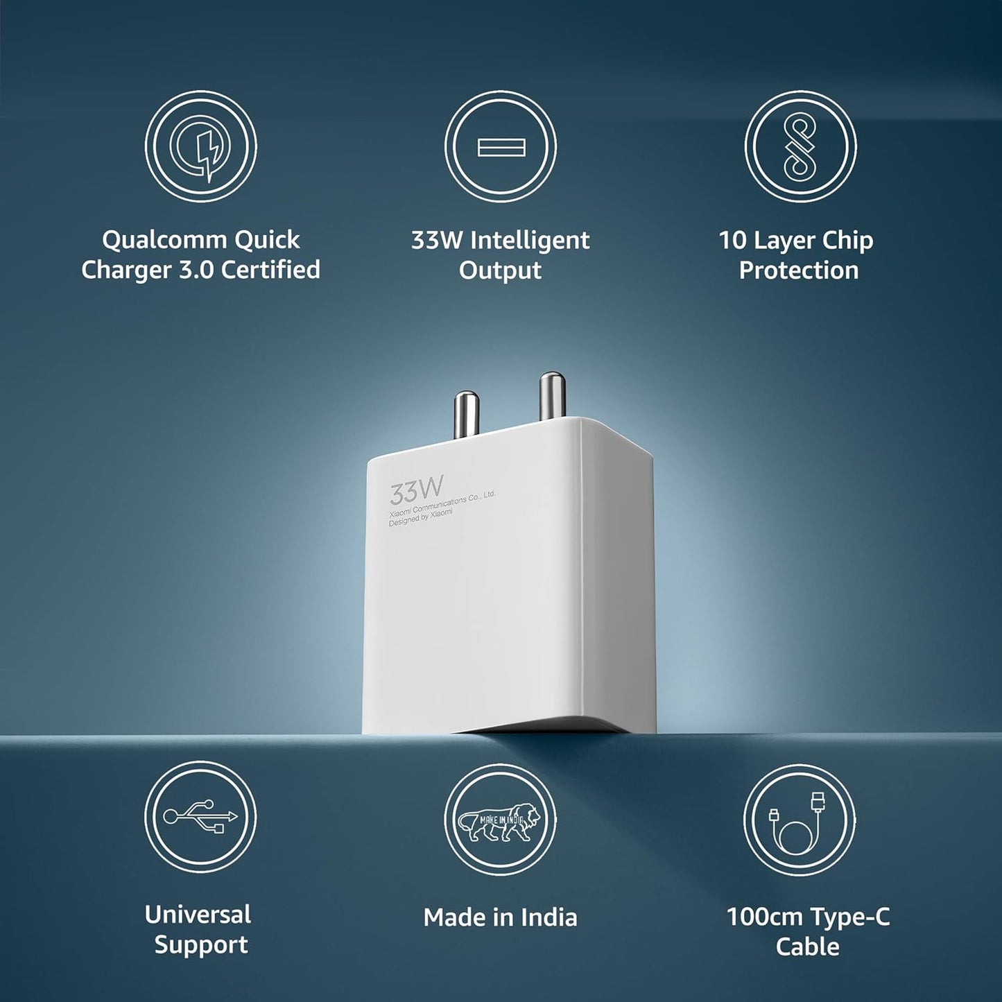 Redmi Mi 33W fast charger white compact adapter with Qualcomm Quick Charge and Type-C cable