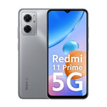 Redmi 11 Prime 5G Chrome Silver smartphone showing front display and dual rear cameras