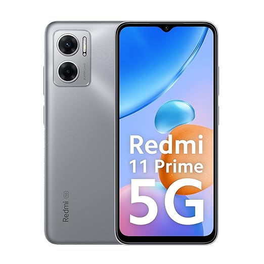 Redmi 11 Prime 5G Chrome Silver smartphone showing front display and dual rear cameras