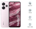 Redmi 13 5G smartphone in pink showing front display and rear camera with dual sim and 128GB storage