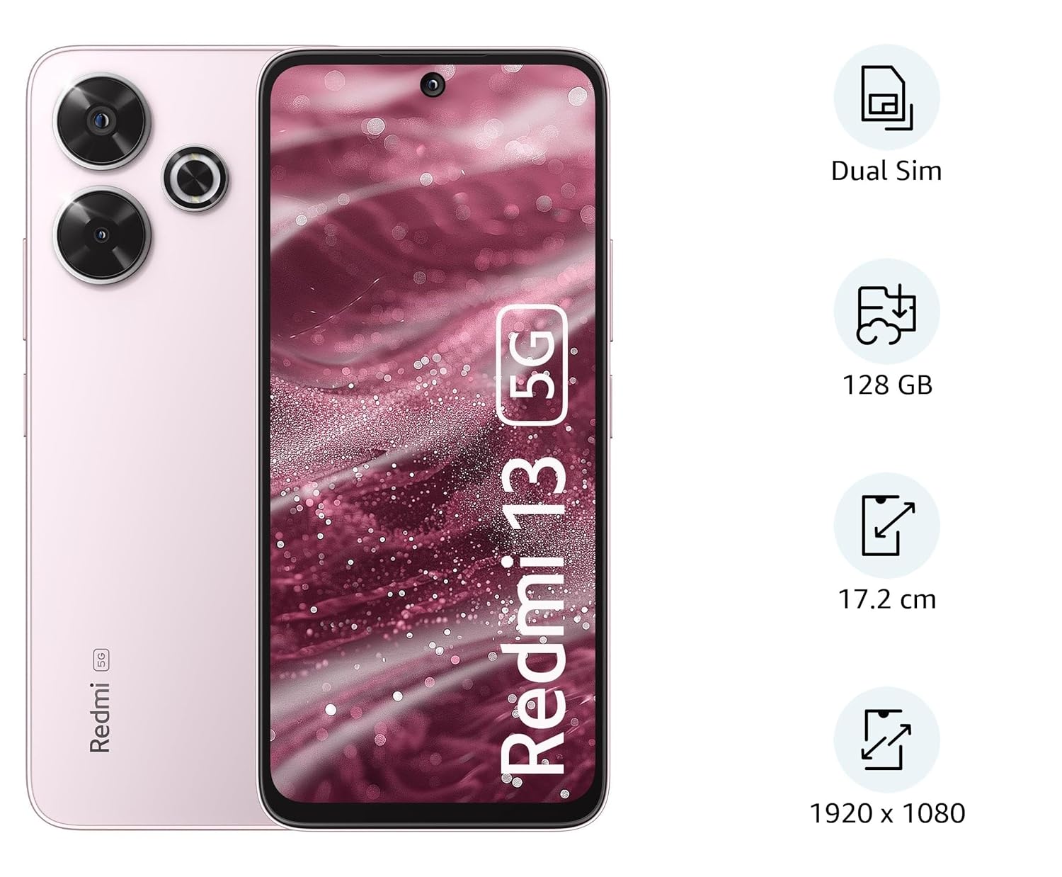 Redmi 13 5G smartphone in pink showing front display and rear camera with dual sim and 128GB storage