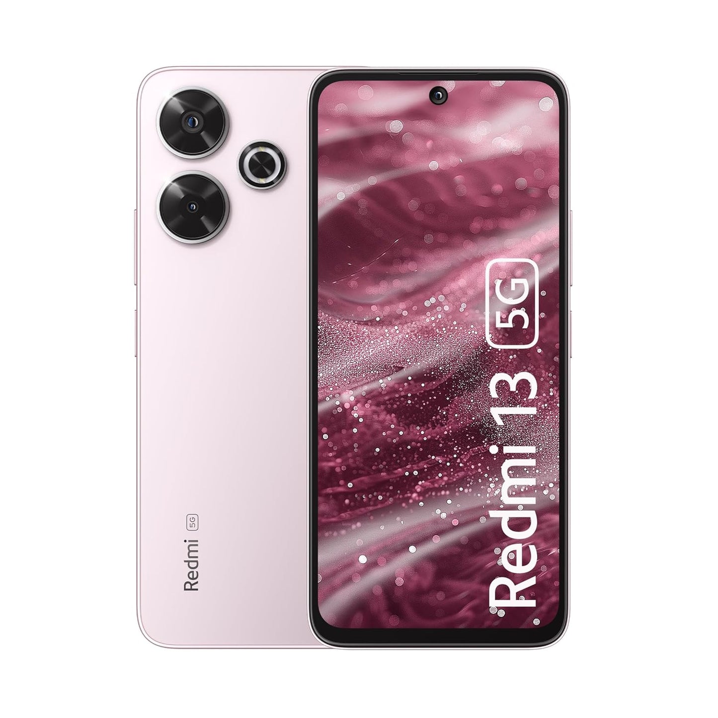 Redmi 13 5G smartphone in pink with dual rear cameras and front display showing Redmi 13 5G branding