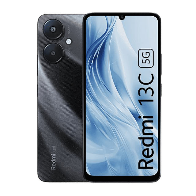 Redmi 13C 5G smartphone in black with dual rear cameras and large display showing the model name