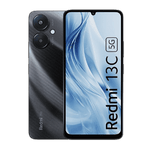 Redmi 13C 5G smartphone in black with dual rear cameras and large display showing the model name