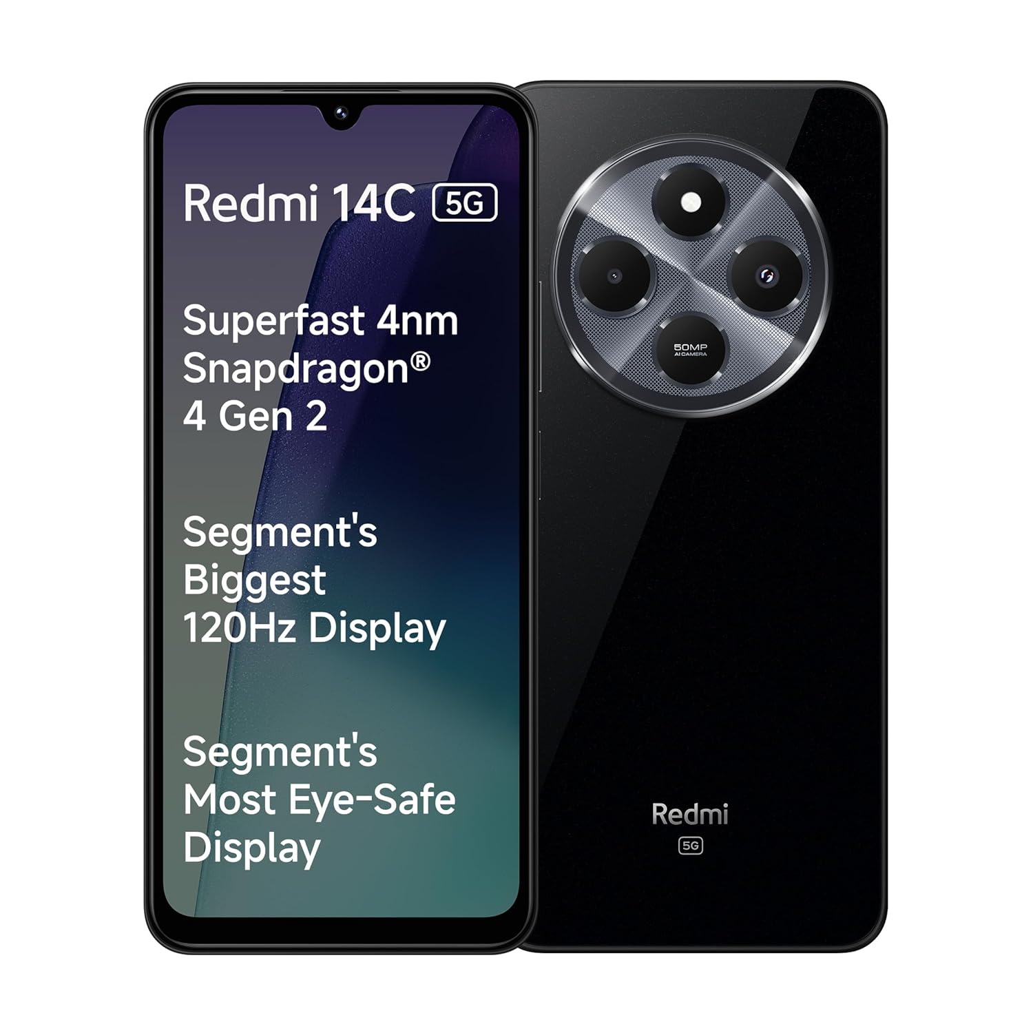 Redmi 14C 5G smartphone front and back view with triple camera and 120Hz display