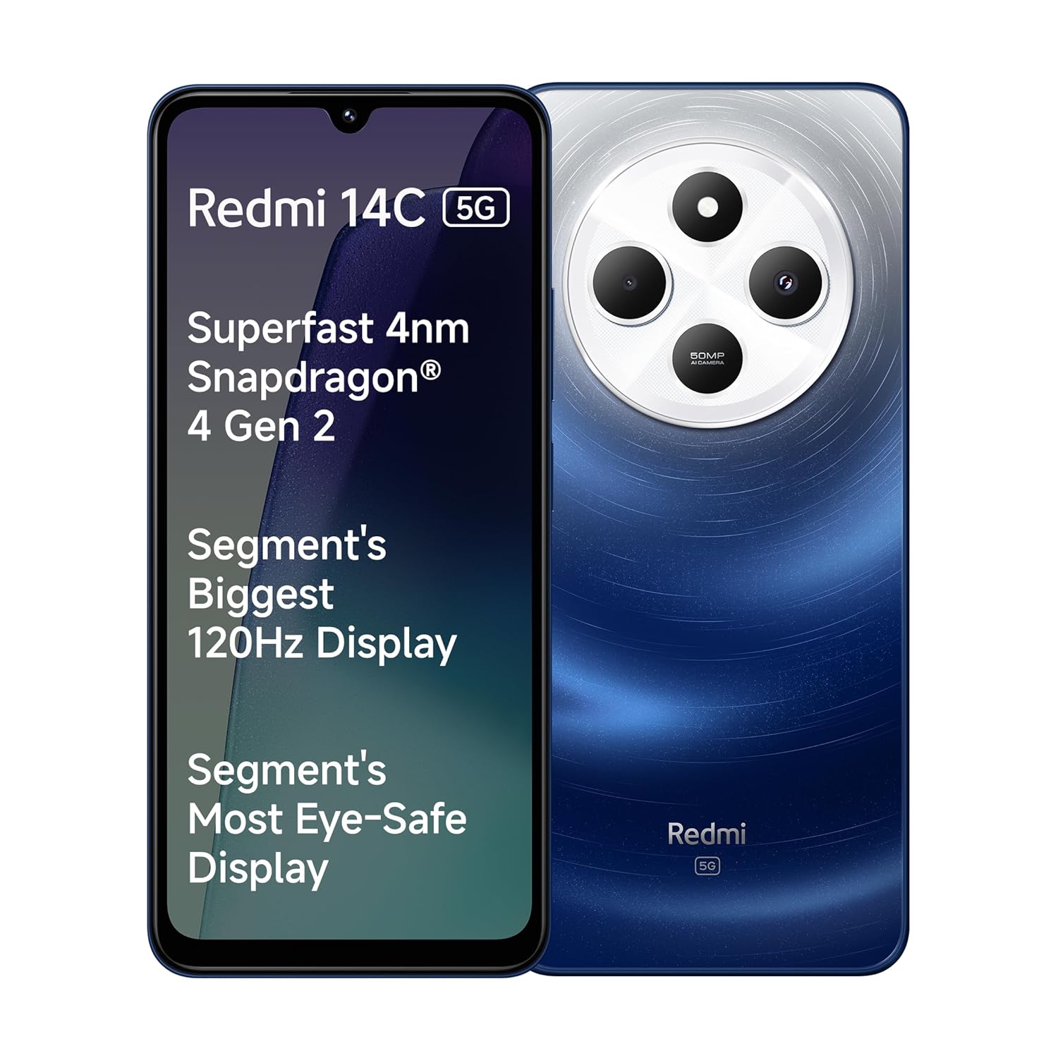 Redmi 14C 5G smartphone front and back view with 120Hz display and triple camera setup in blue