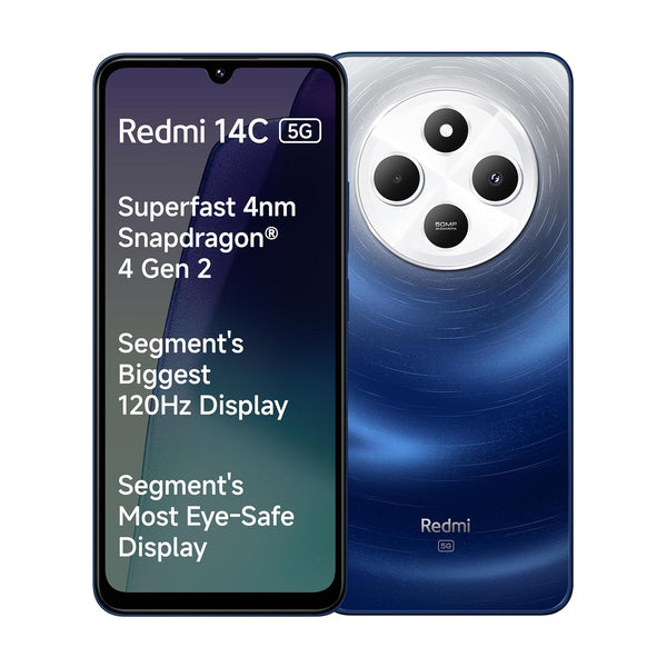 Redmi 14C 5G smartphone front and back view with triple camera and blue gradient design