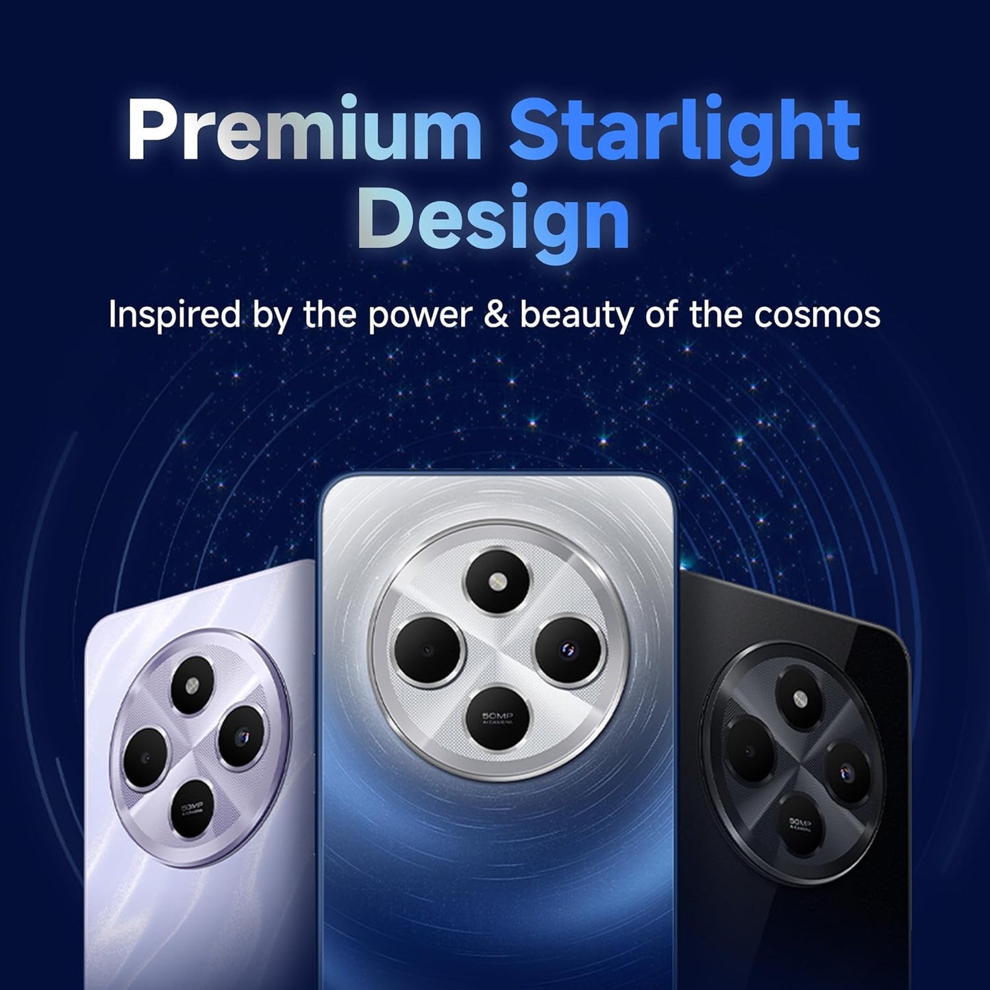 Redmi 14C 5G smartphone showcasing premium starlight design in silver, blue, and black colors