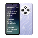 Redmi 14C 5G smartphone with triple rear cameras and large 120Hz eye-safe display in light purple