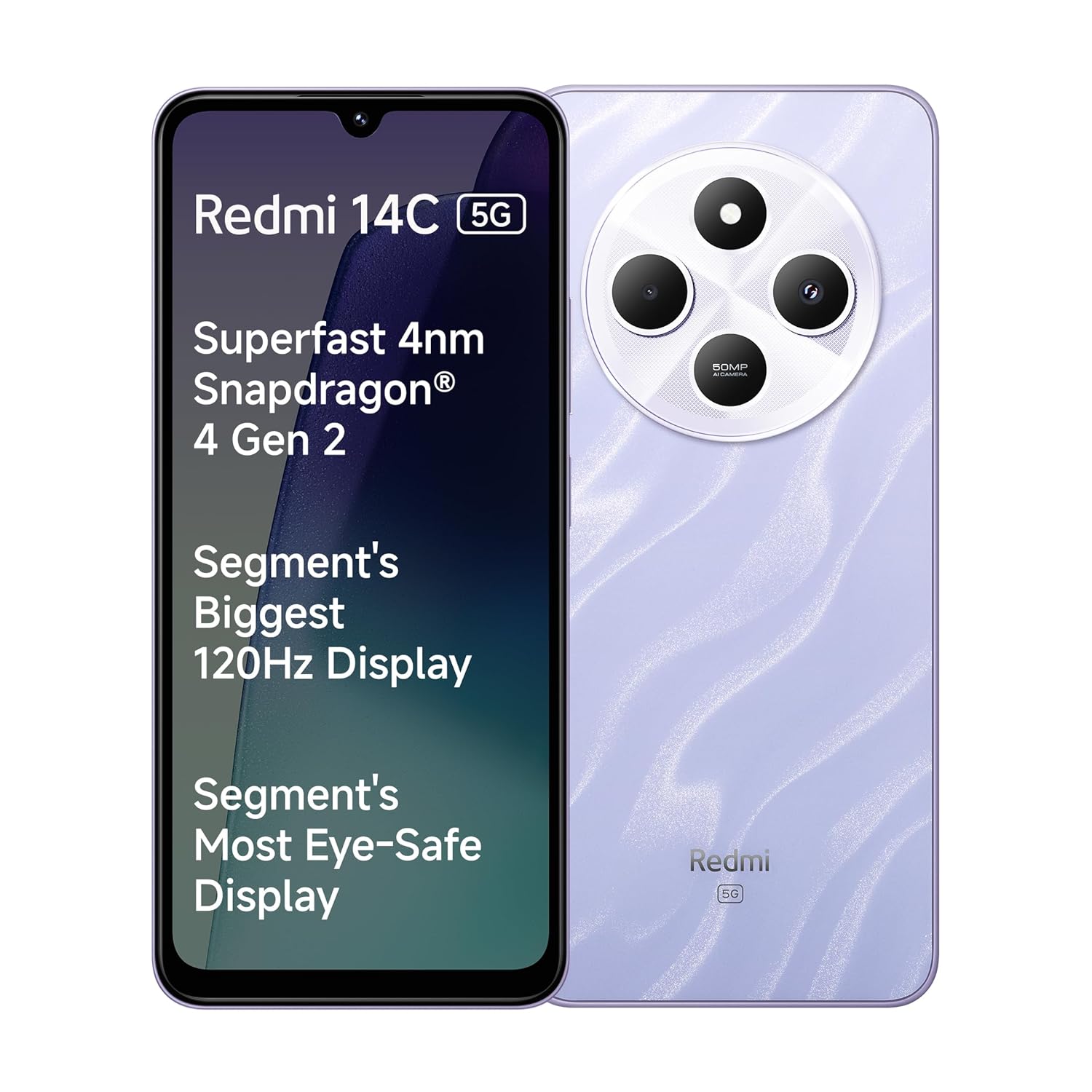Redmi 14C 5G smartphone with triple rear cameras and large 120Hz eye-safe display in light purple