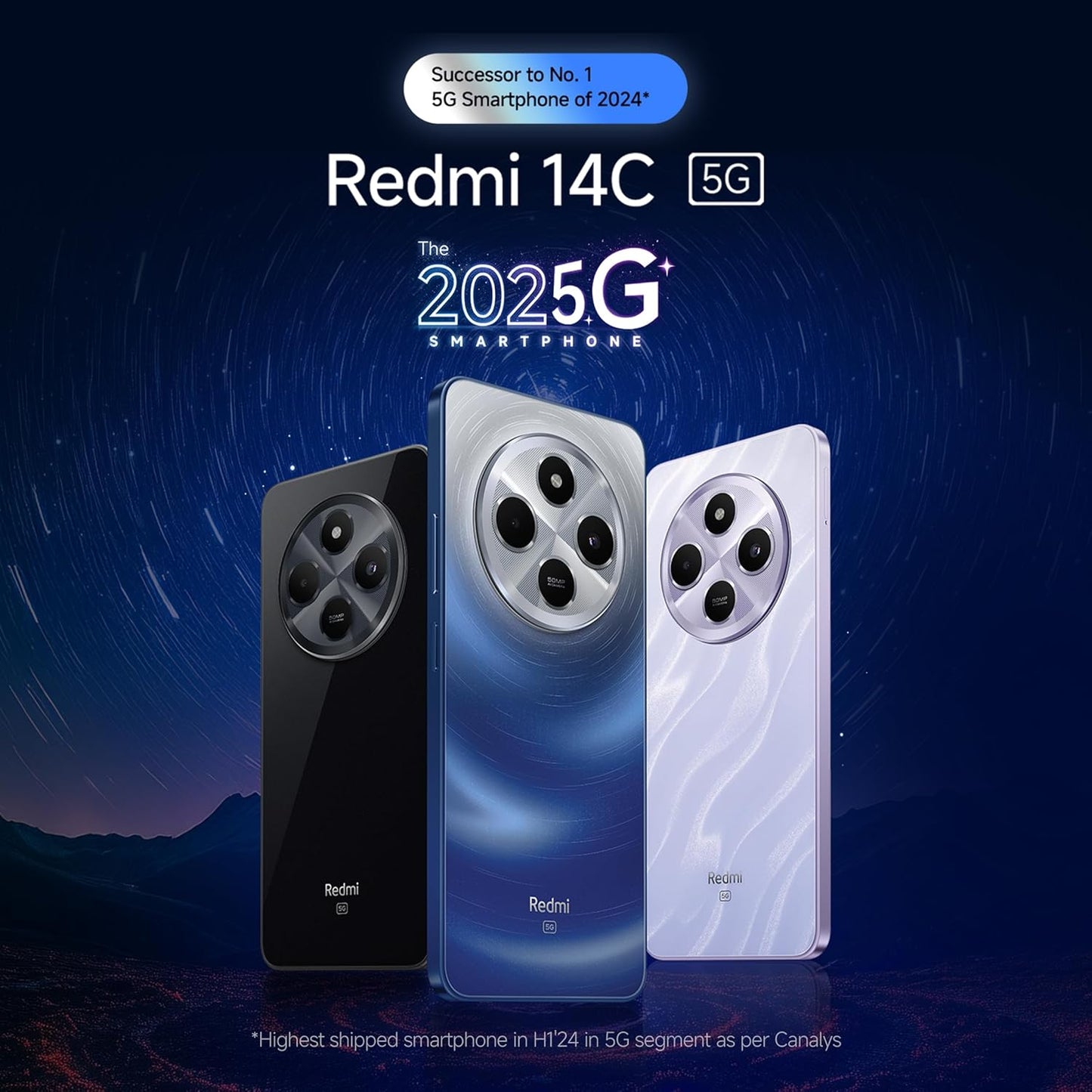 Redmi 14C 5G smartphone in black blue and white colors showing rear triple camera design