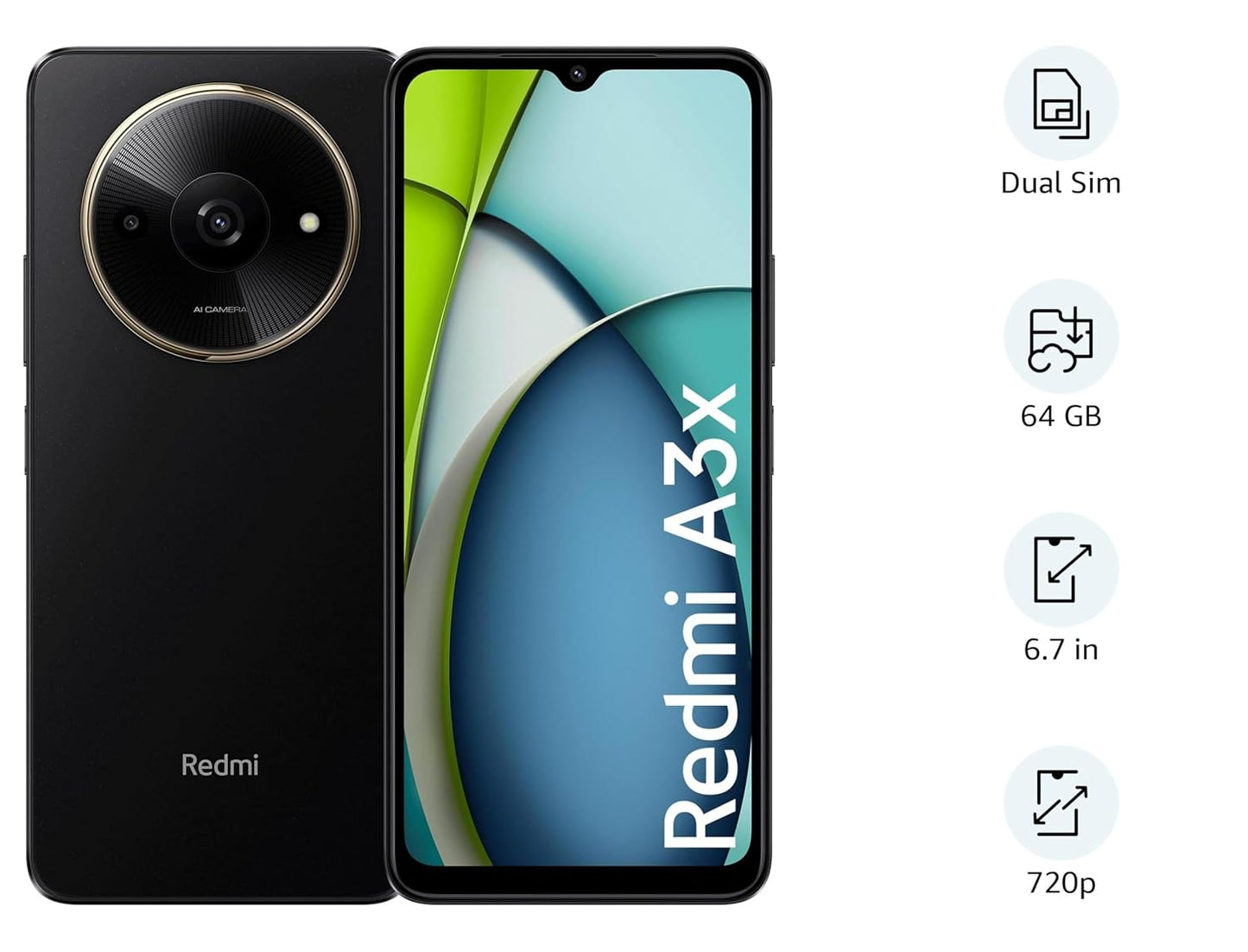 Redmi A3 64GB Midnight Black smartphone showing front display and rear camera design with dual sim and 6.7 inch screen
