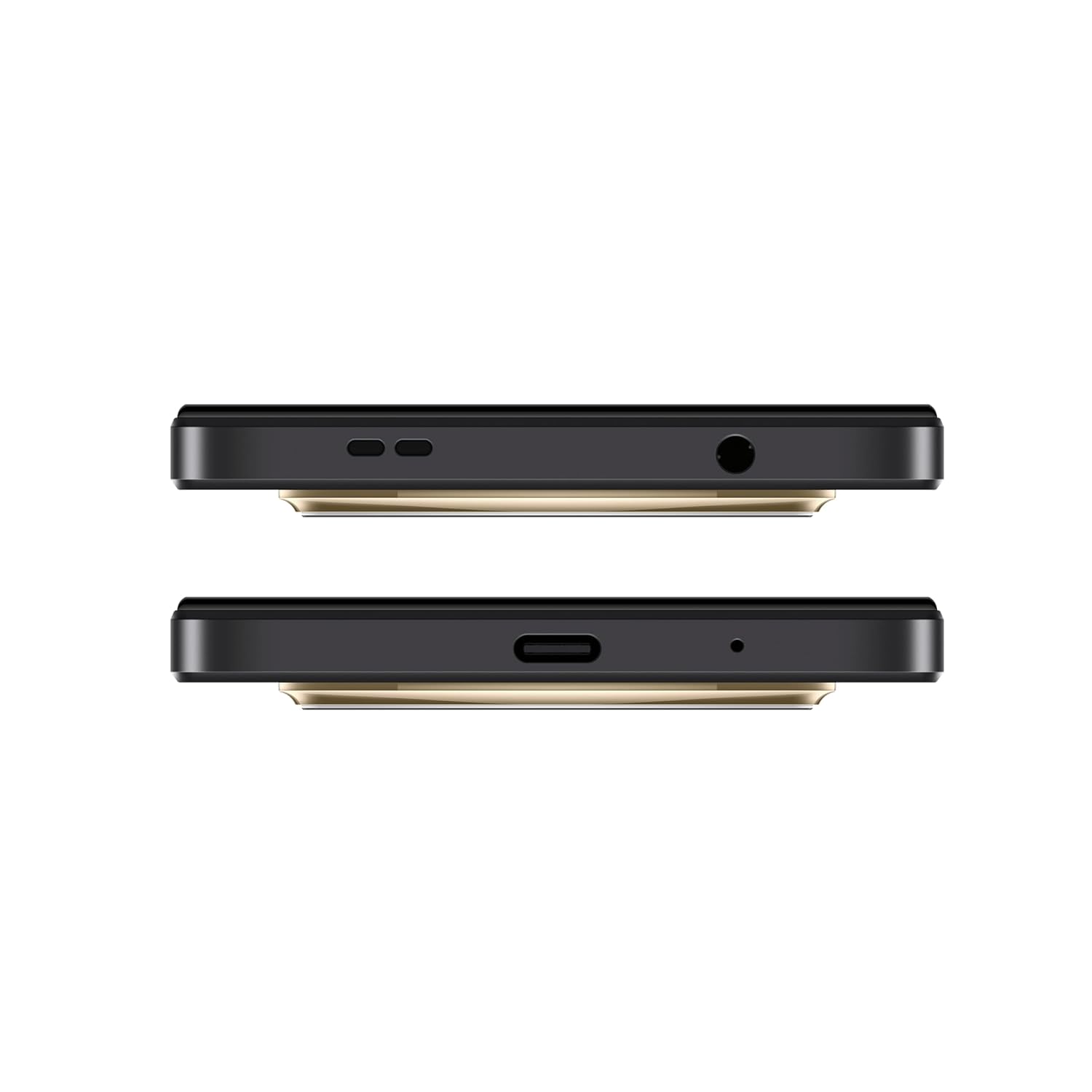 Top and bottom side view of Redmi A3 64GB Midnight Black phone showing ports and speakers