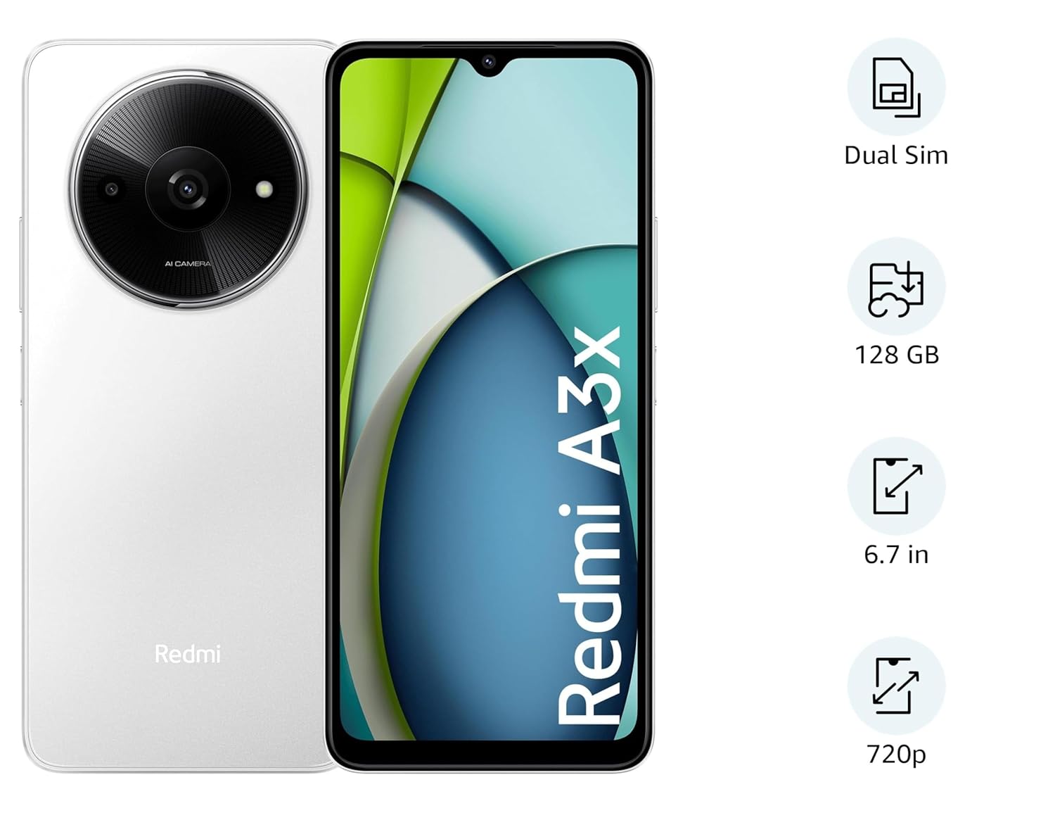 Redmi A3x 4GB RAM smartphone in white showing front display and rear camera with dual sim and 128GB storage